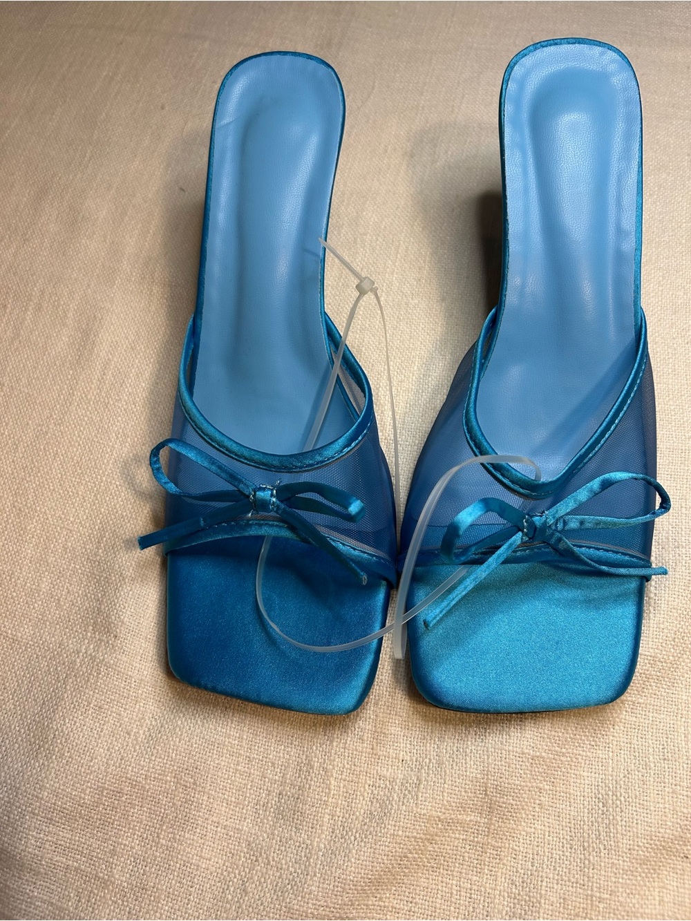 Women's Blue Square Toe Strappy Bow Slip-On Kitten Heel Mules EU 43